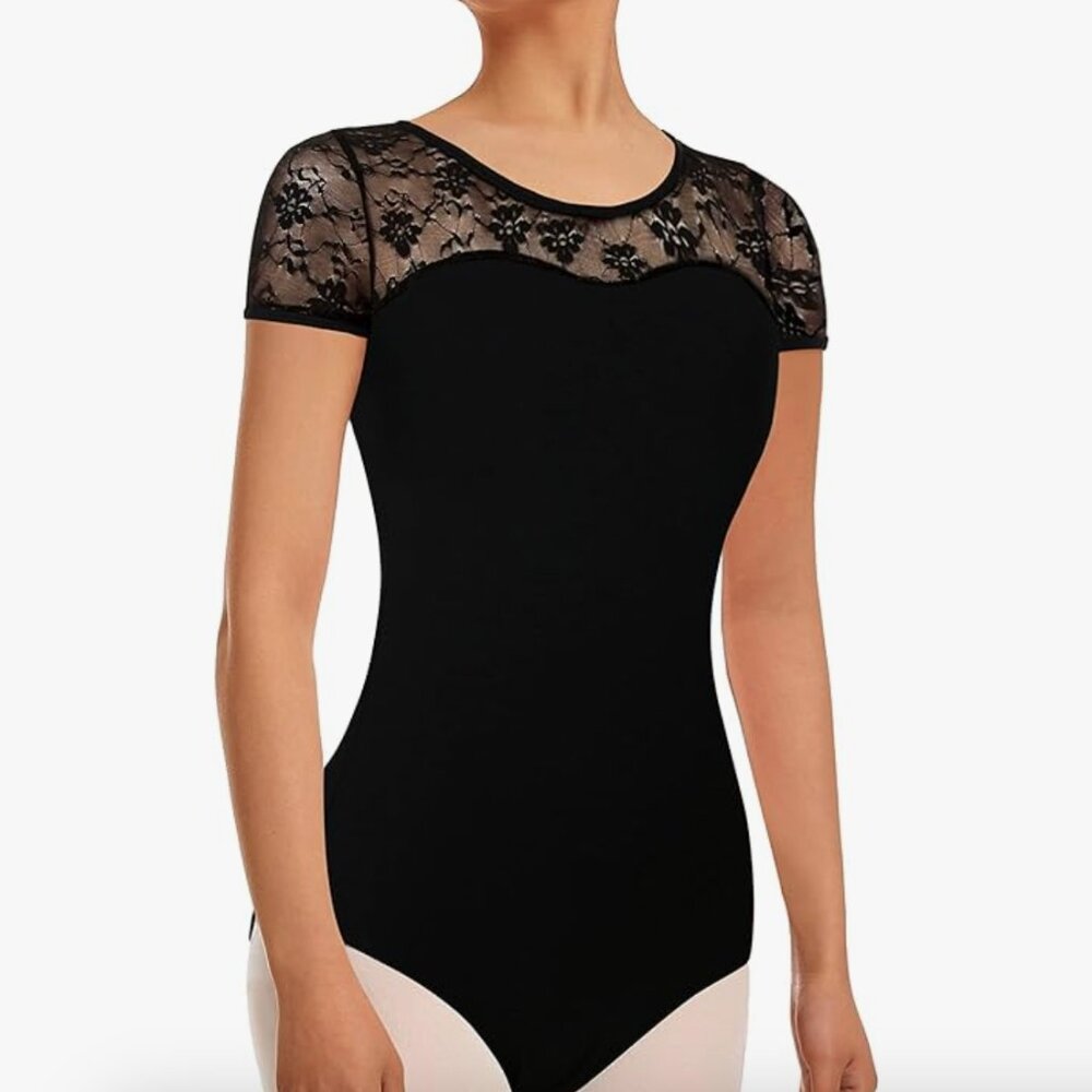 Natalie Dancewear Black Leotard with Lace Short Sleeves and Lace Back Size S